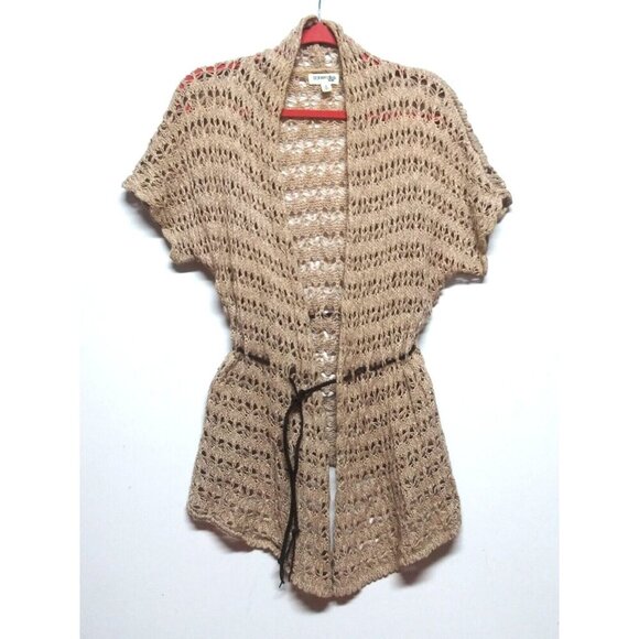 womens Cardigan Sweater Sz M Crocheted Taupe Tan Open Knit belted short sleeve - Picture 2 of 11